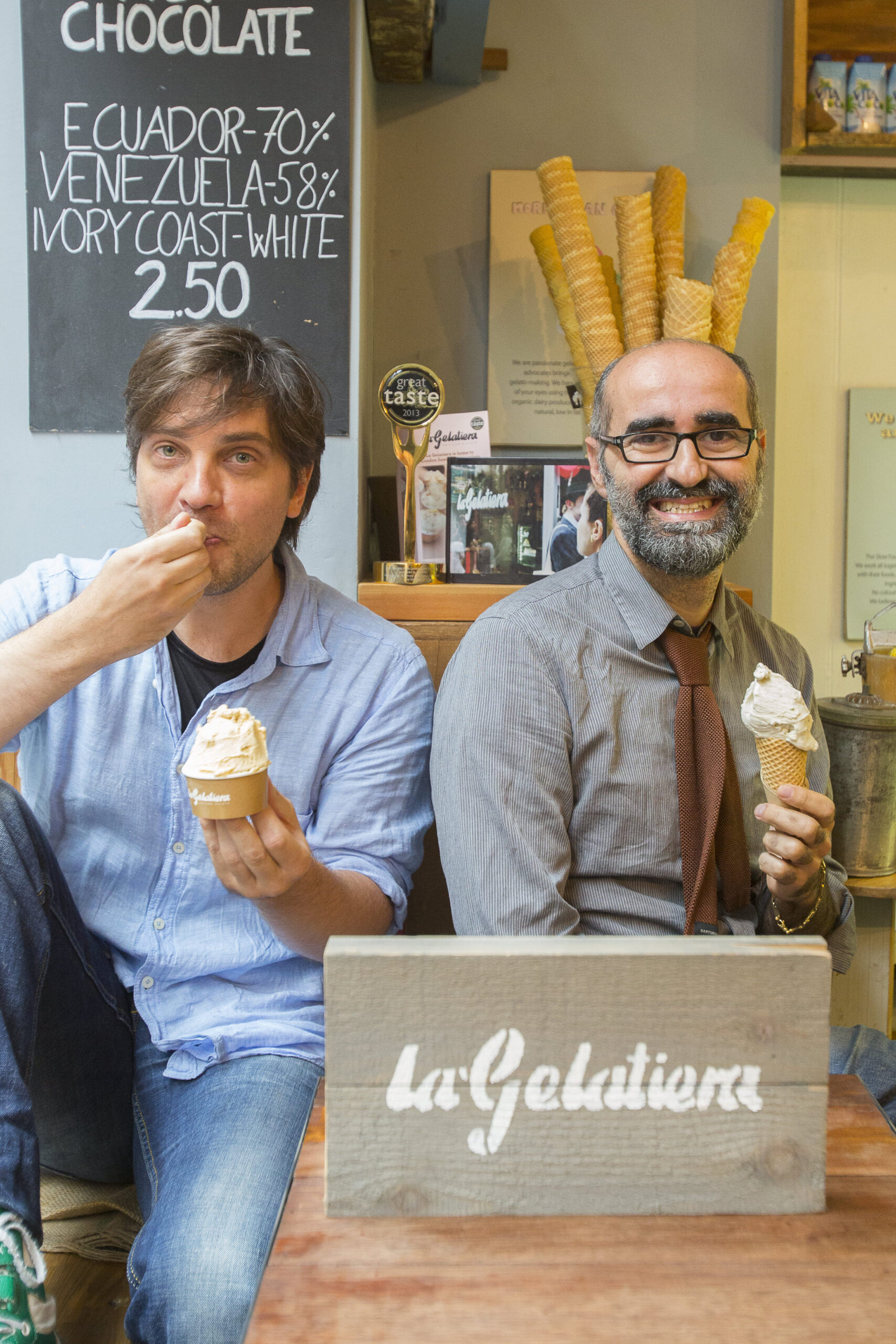 La Gelatiera founders tasting artisan gelato made from scratch in London using natural ingredients.